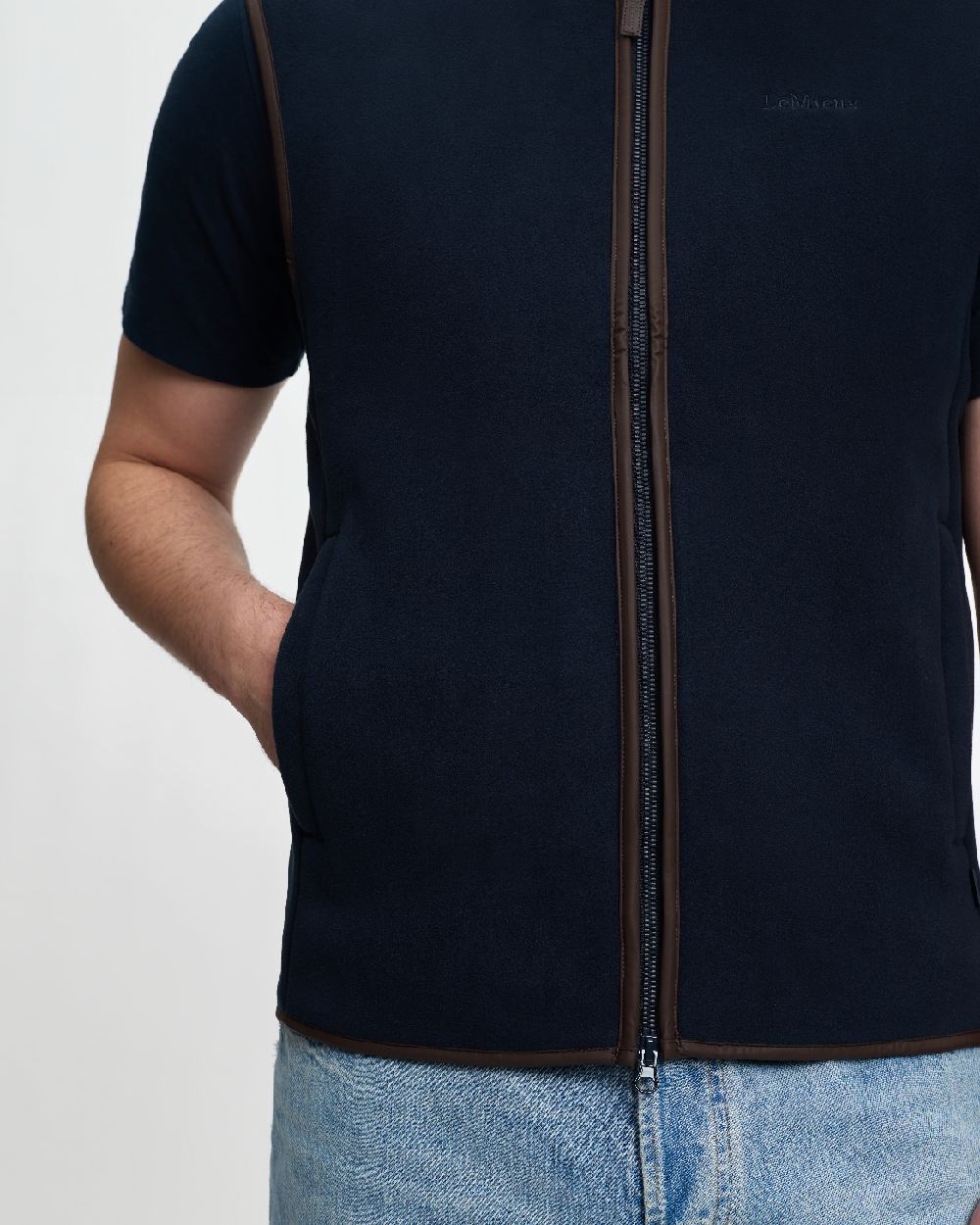 Navy Coloured LeMieux Mens Fleece Gilet on White Background 