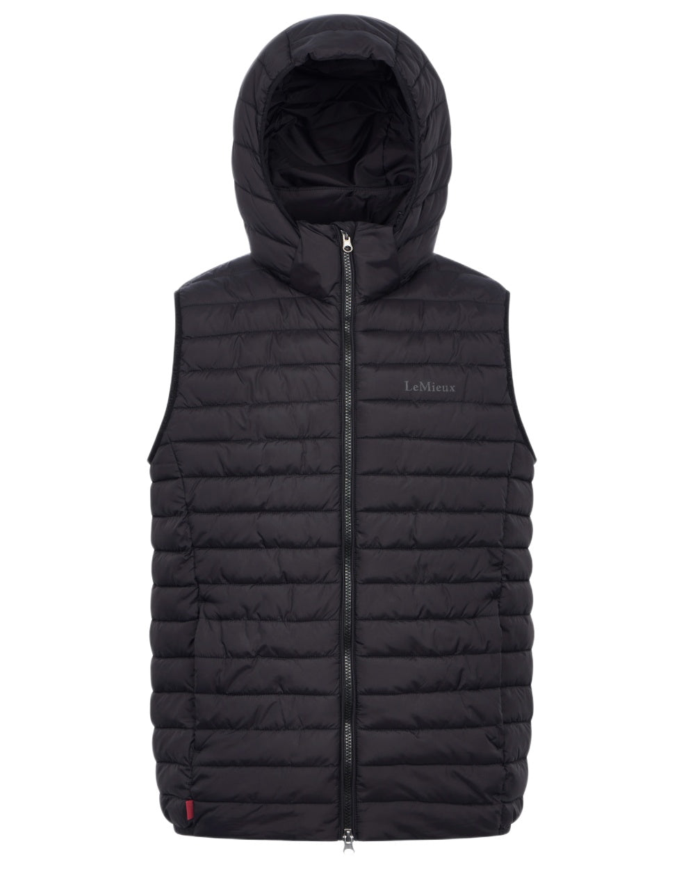 Black coloured LeMieux Mens Hooded Puffer Gilet on white background 