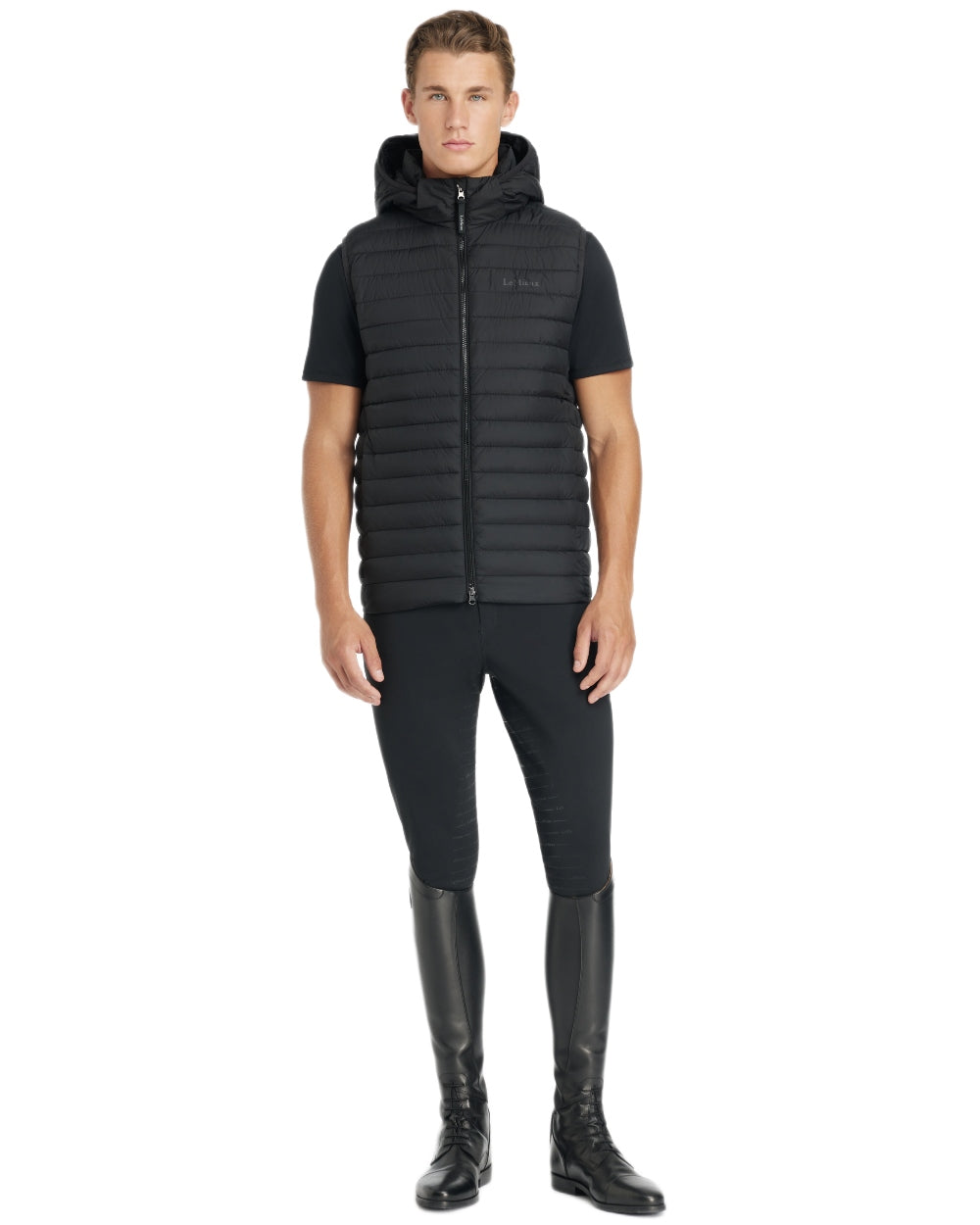 Black coloured LeMieux Mens Hooded Puffer Gilet on white background 