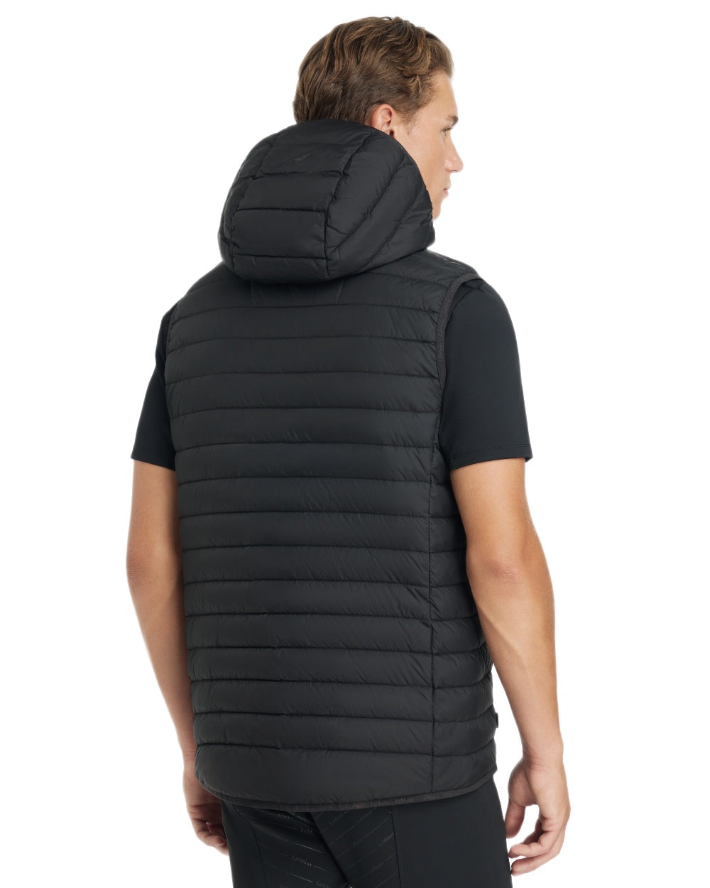 Black coloured LeMieux Mens Hooded Puffer Gilet on white background 