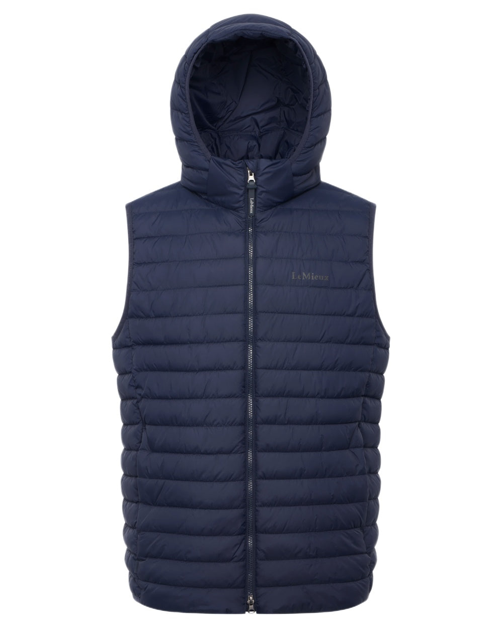 Navy coloured LeMieux Mens Hooded Puffer Gilet on white background 