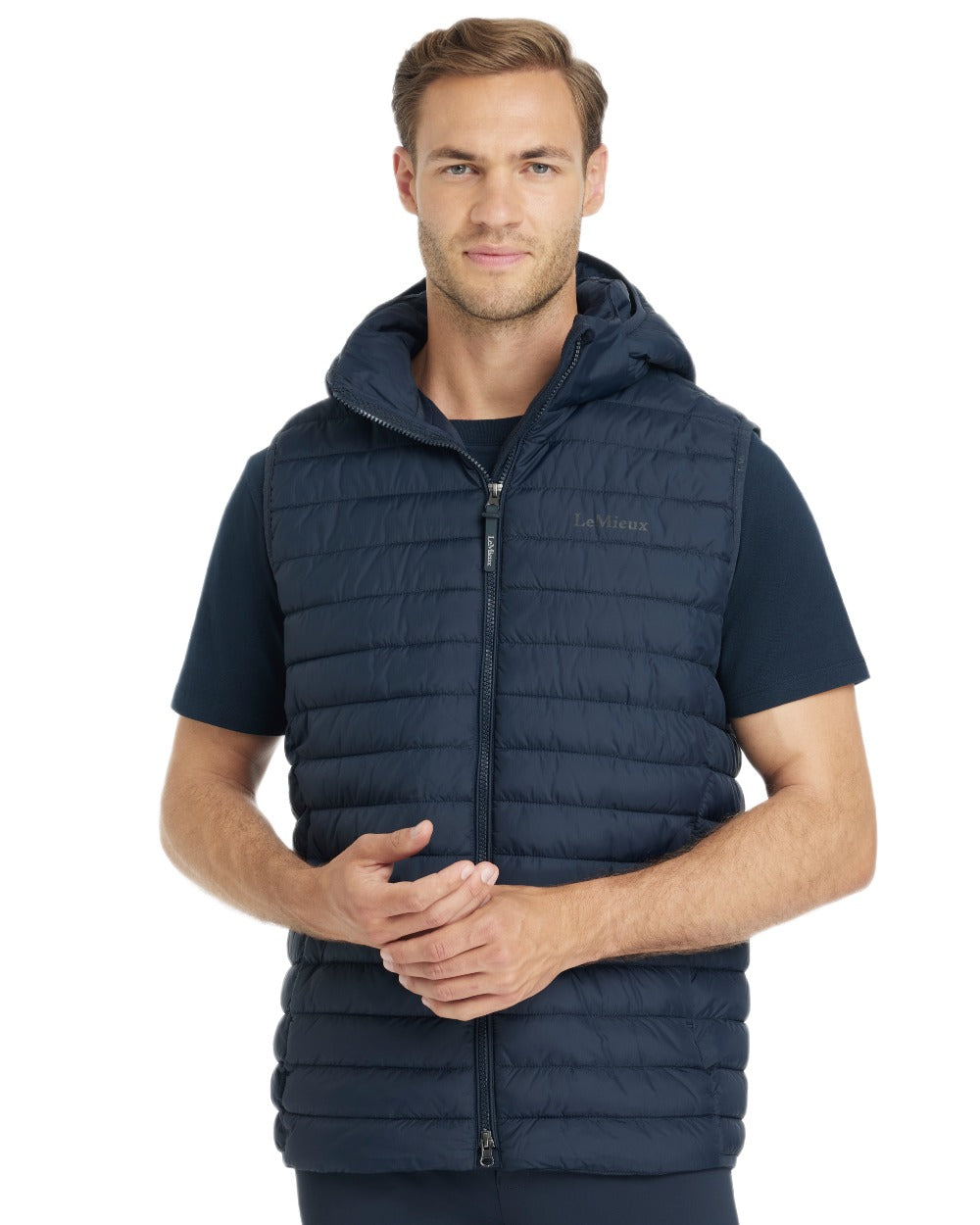 Navy coloured LeMieux Mens Hooded Puffer Gilet on white background 