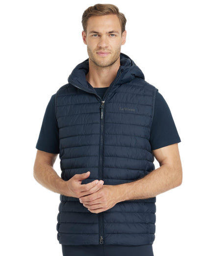 Navy coloured LeMieux Mens Hooded Puffer Gilet on white background 