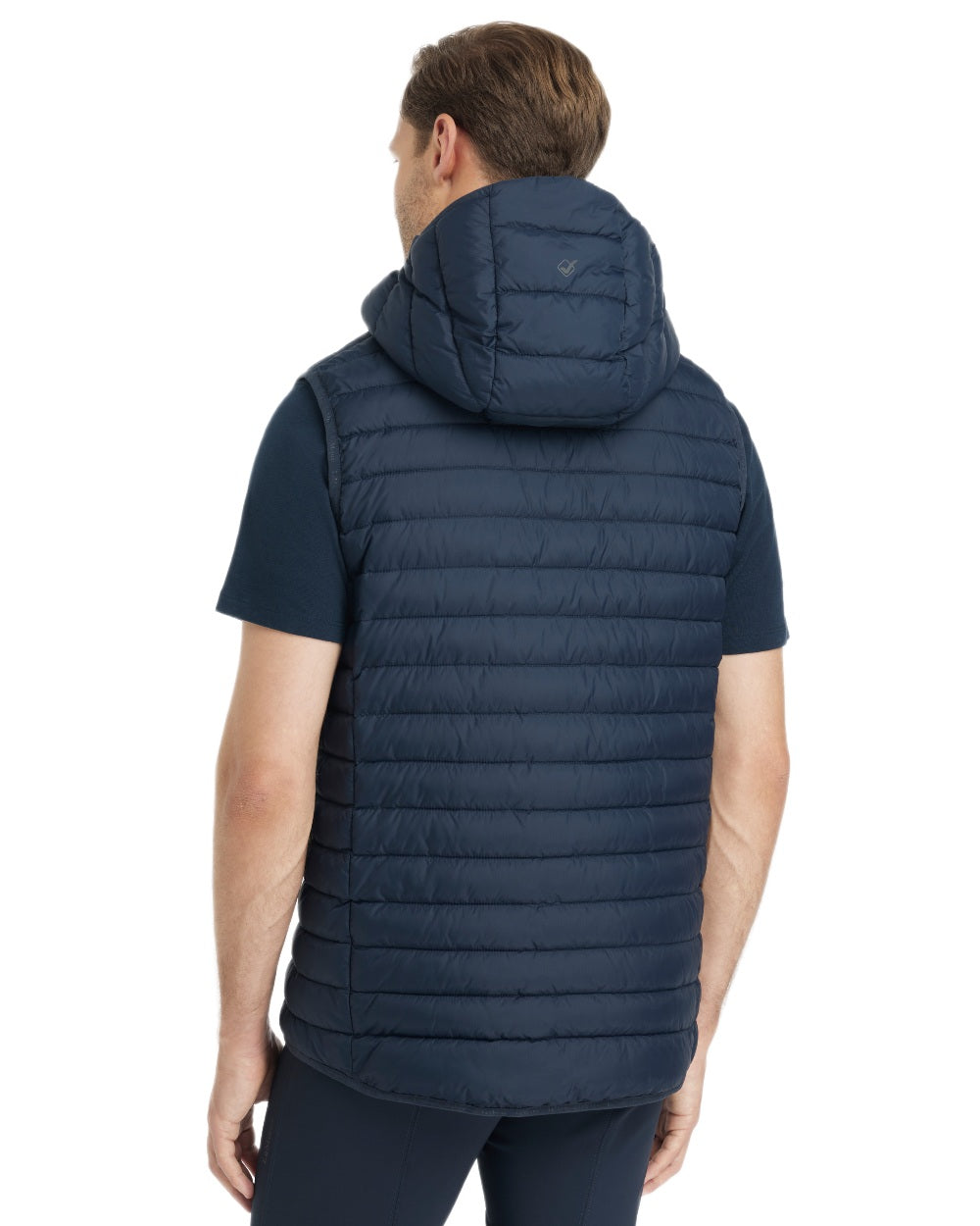 Navy coloured LeMieux Mens Hooded Puffer Gilet on white background 