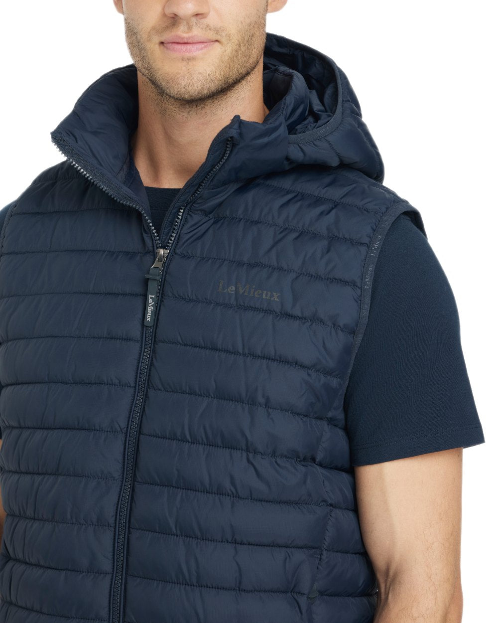 Navy coloured LeMieux Mens Hooded Puffer Gilet on white background 
