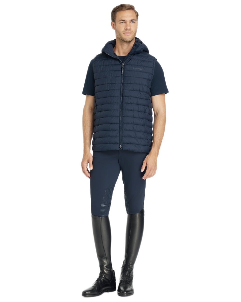 Navy coloured LeMieux Mens Hooded Puffer Gilet on white background 