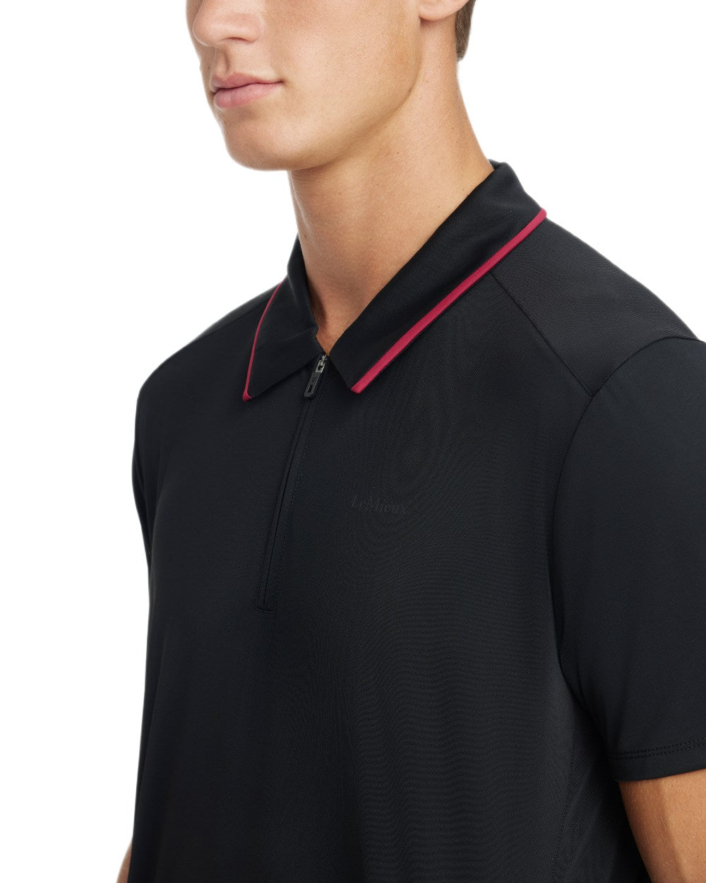 Black coloured LeMieux Mens Performance Polo T-Shirt on white background 