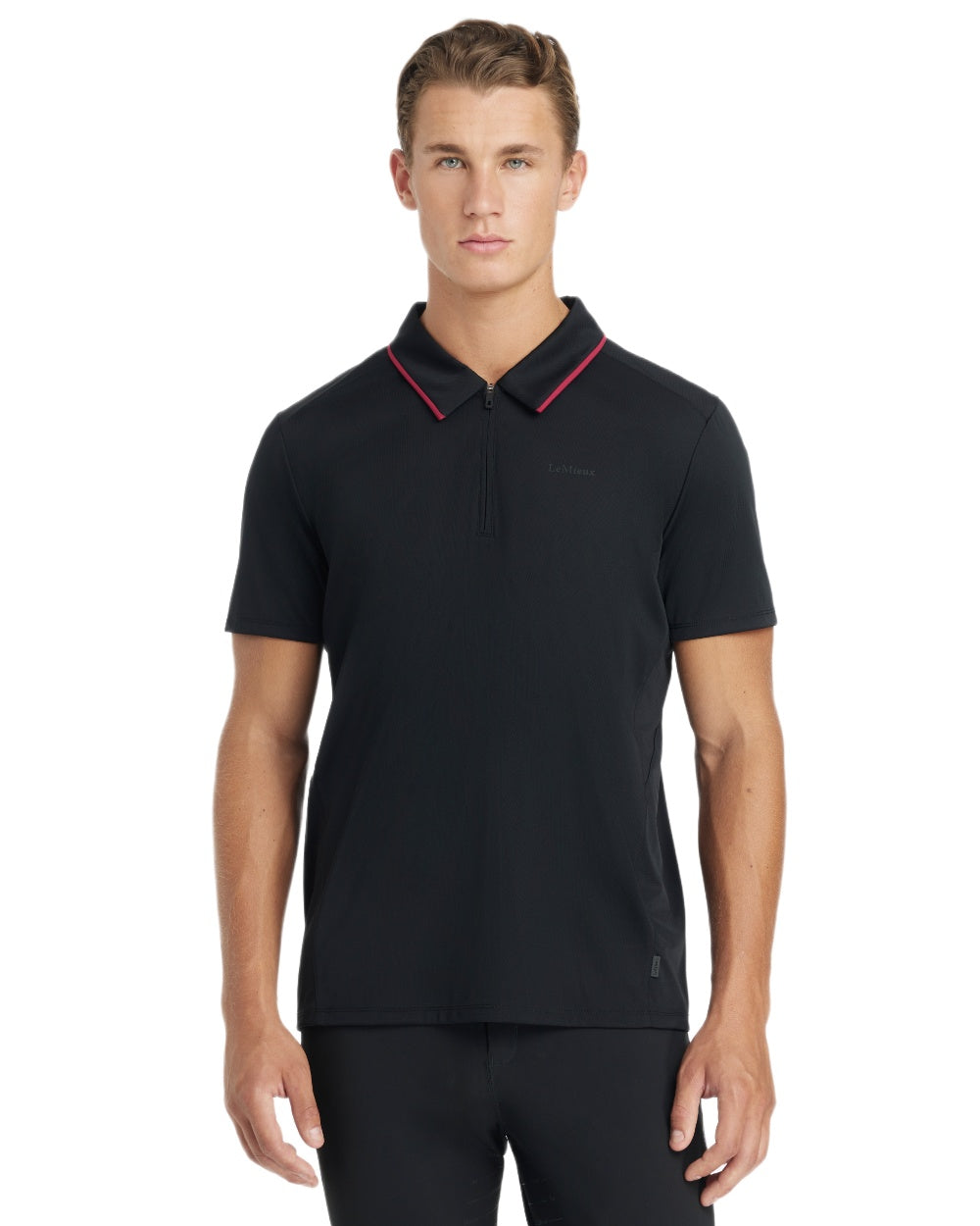 Black coloured LeMieux Mens Performance Polo T-Shirt on white background 