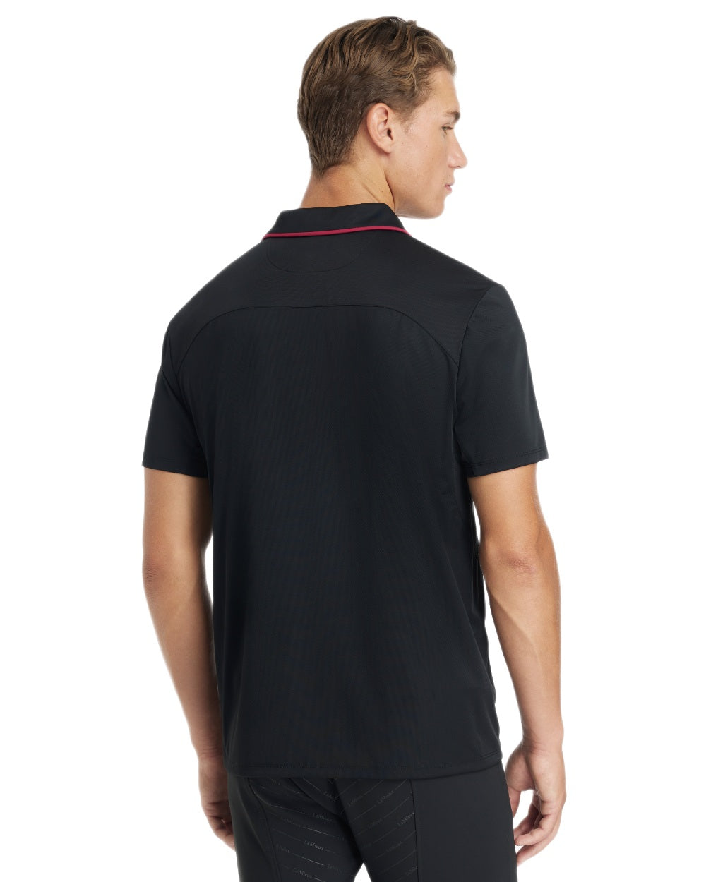 Black coloured LeMieux Mens Performance Polo T-Shirt on white background 