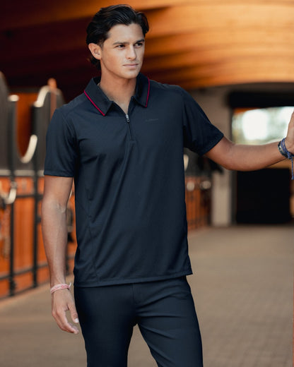 Black coloured LeMieux Mens Performance Polo T-Shirt on outdoor background 