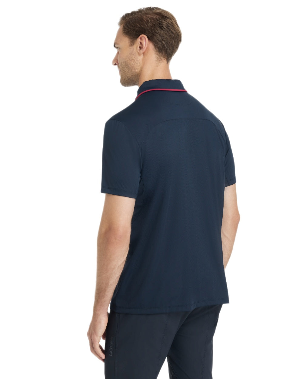 Navy coloured LeMieux Mens Performance Polo T-Shirt on white background 