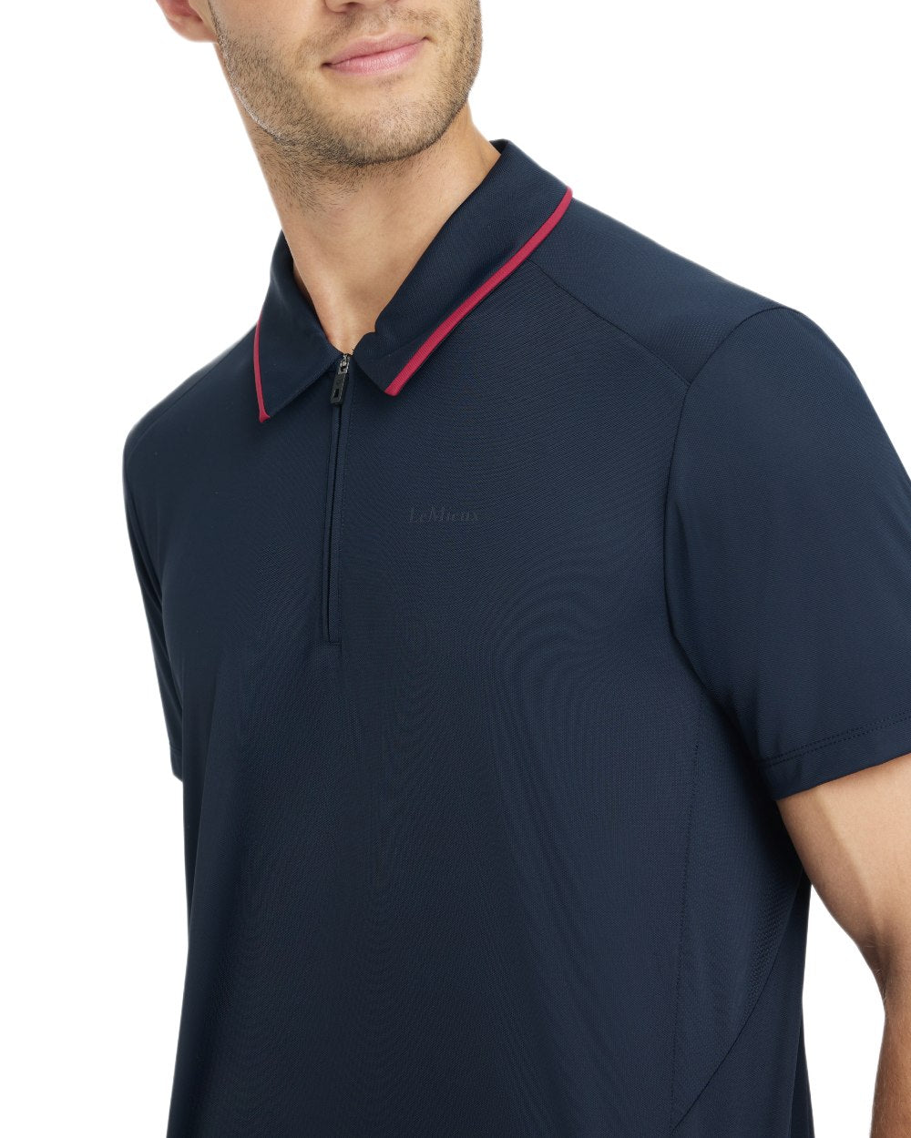 Navy coloured LeMieux Mens Performance Polo T-Shirt on white background 