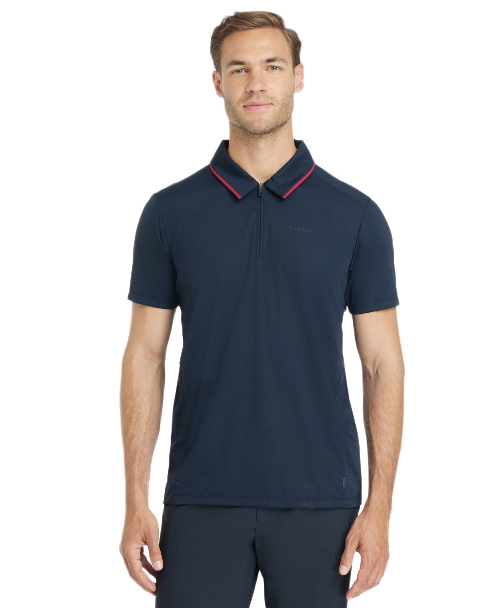 Navy coloured LeMieux Mens Performance Polo T-Shirt on white background 