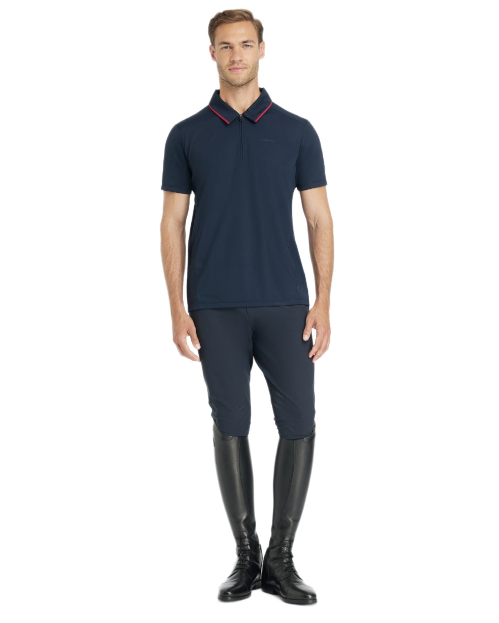 Navy coloured LeMieux Mens Performance Polo T-Shirt on white background 