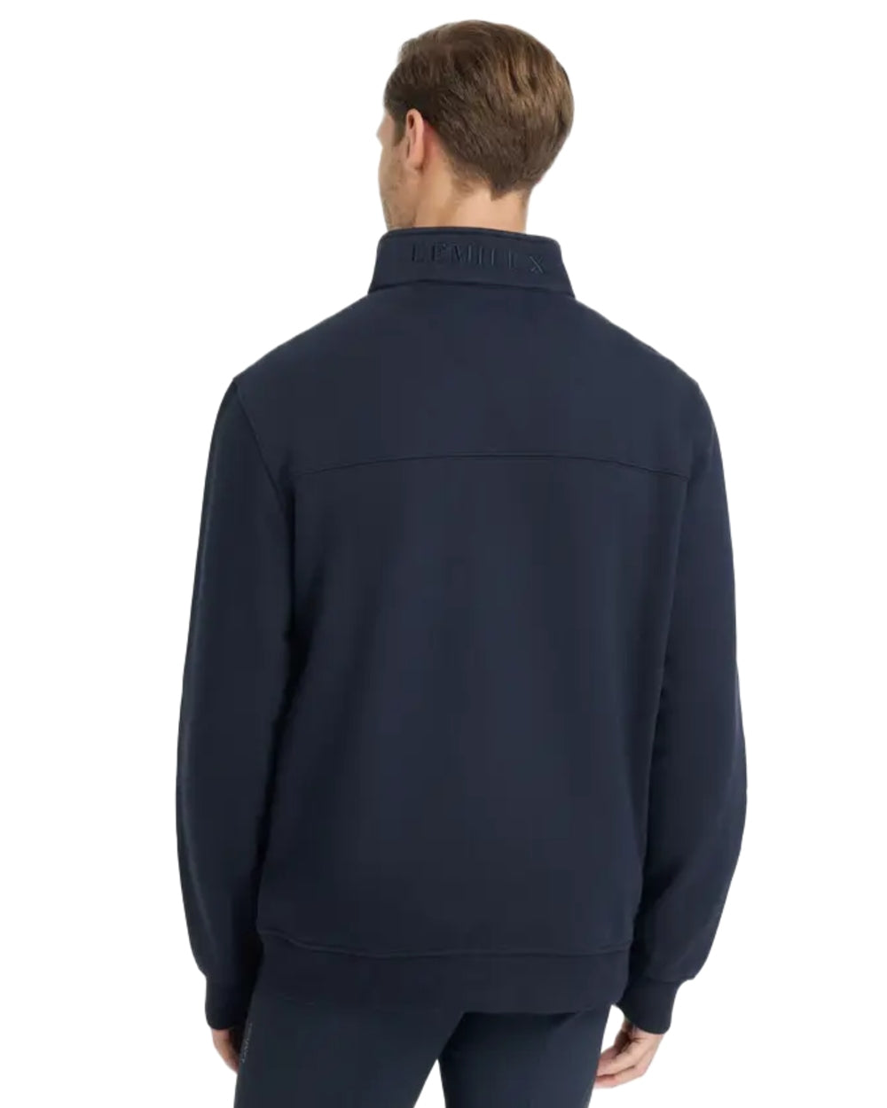 Navy coloured LeMieux Mens Quarter Neck Sweater on white background 