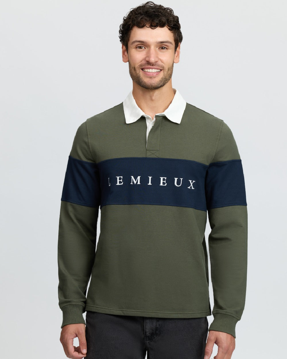 Olive Coloured LeMieux Mens Rugby Shirt on White Background 