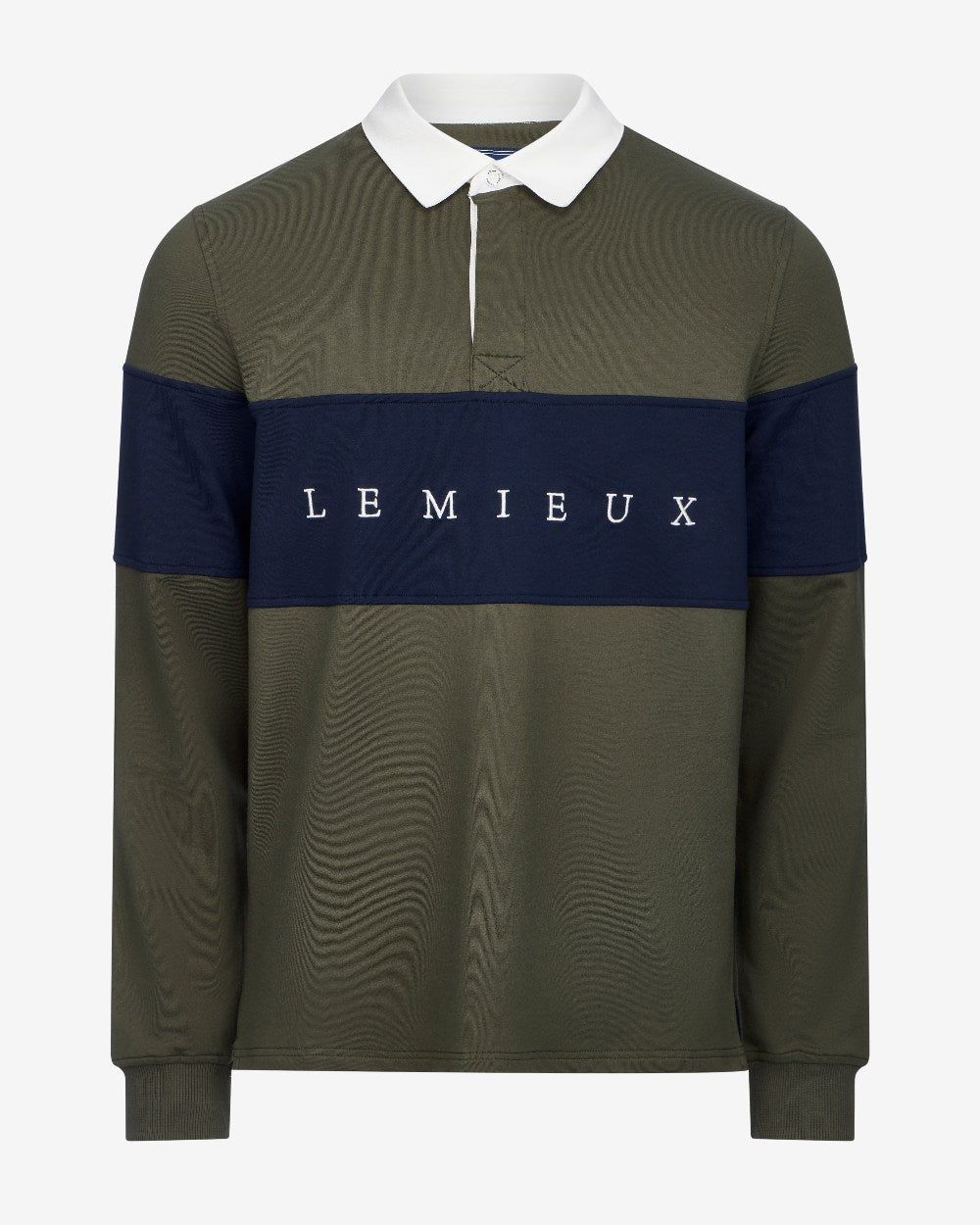 Olive Coloured LeMieux Mens Rugby Shirt on White Background 