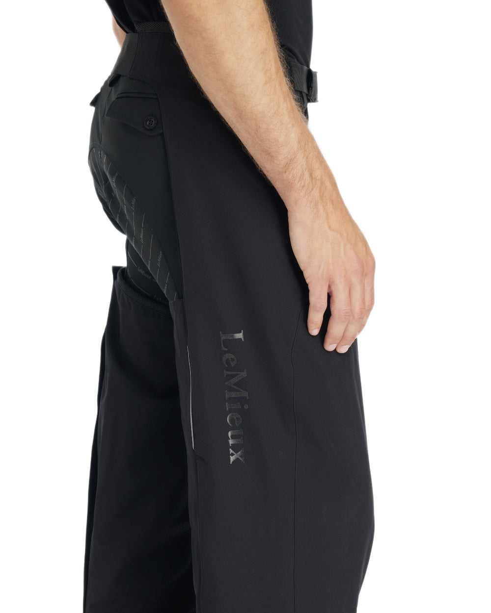 Black coloured LeMieux Mens Stormwear Waterproof Chaps on white background 