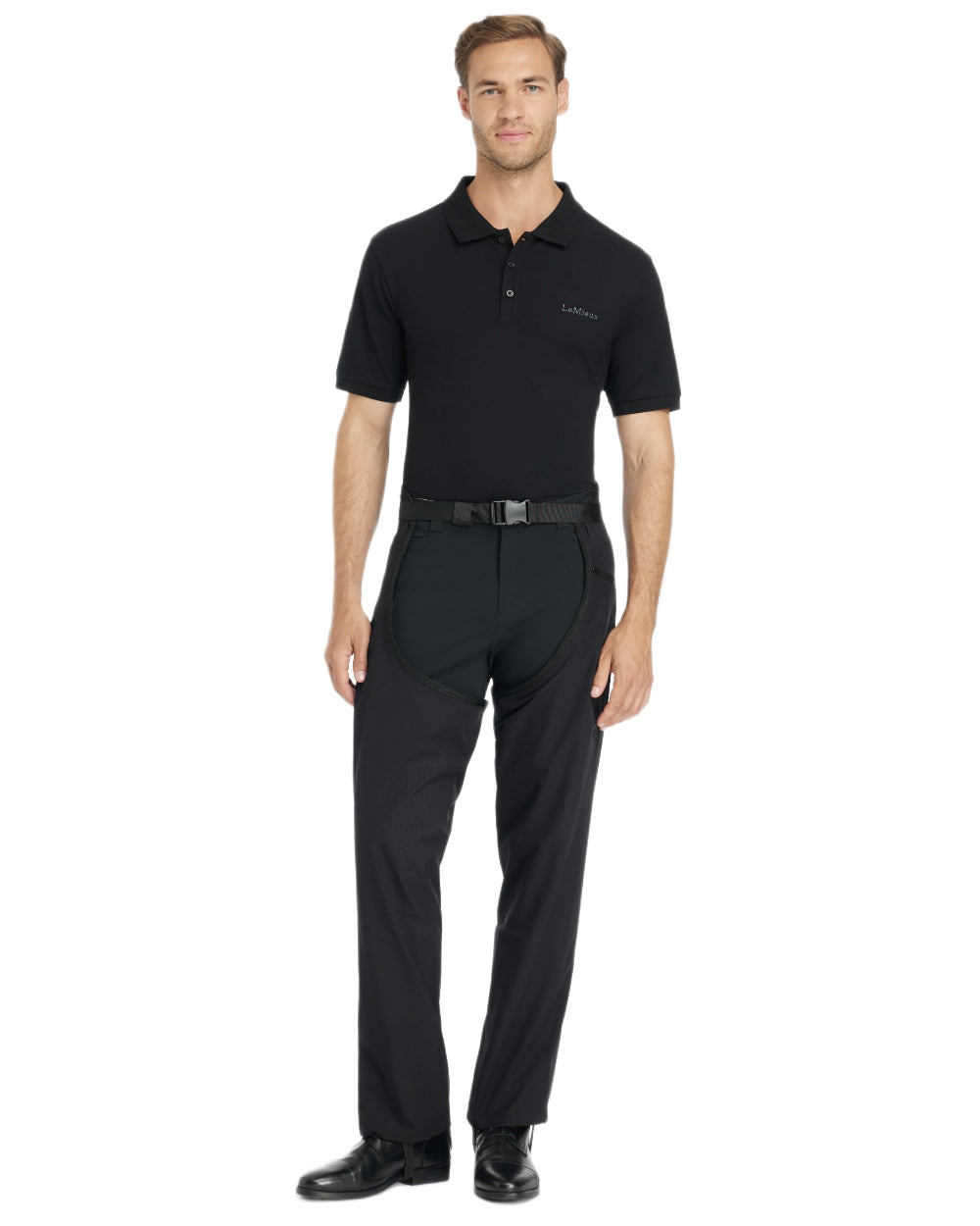 Black coloured LeMieux Mens Stormwear Waterproof Chaps on white background 