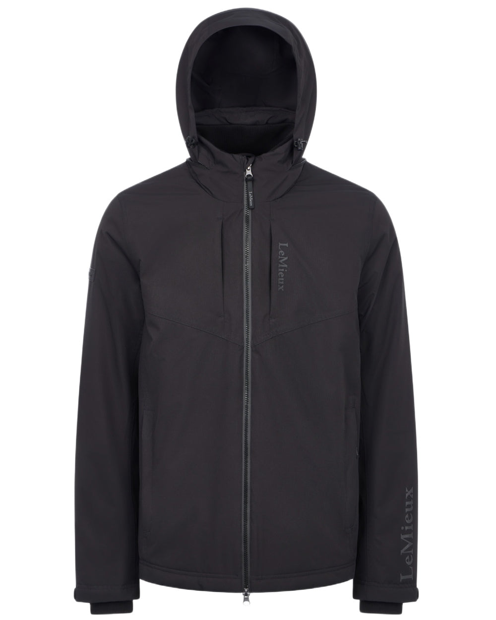 Black coloured LeMieux Mens Waterproof Team Jacket on white background 