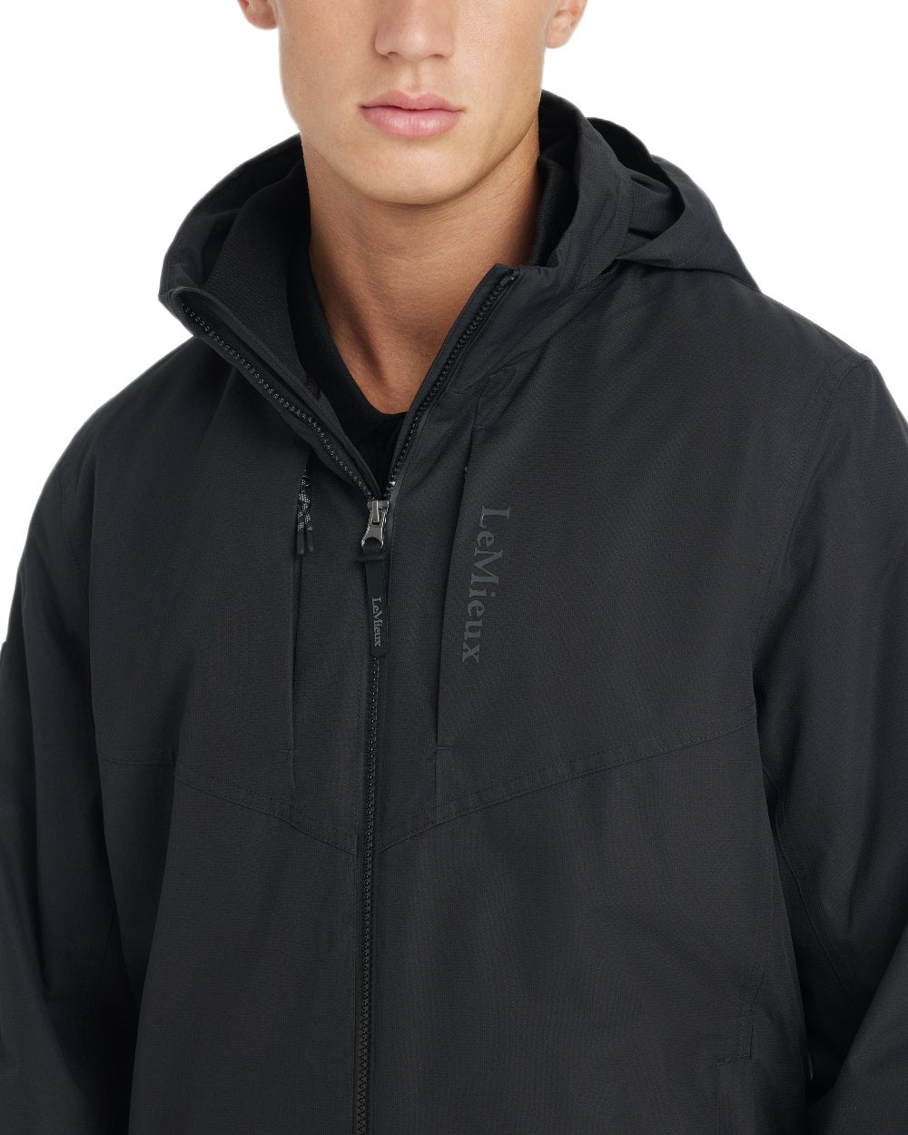 Black coloured LeMieux Mens Waterproof Team Jacket on white background 
