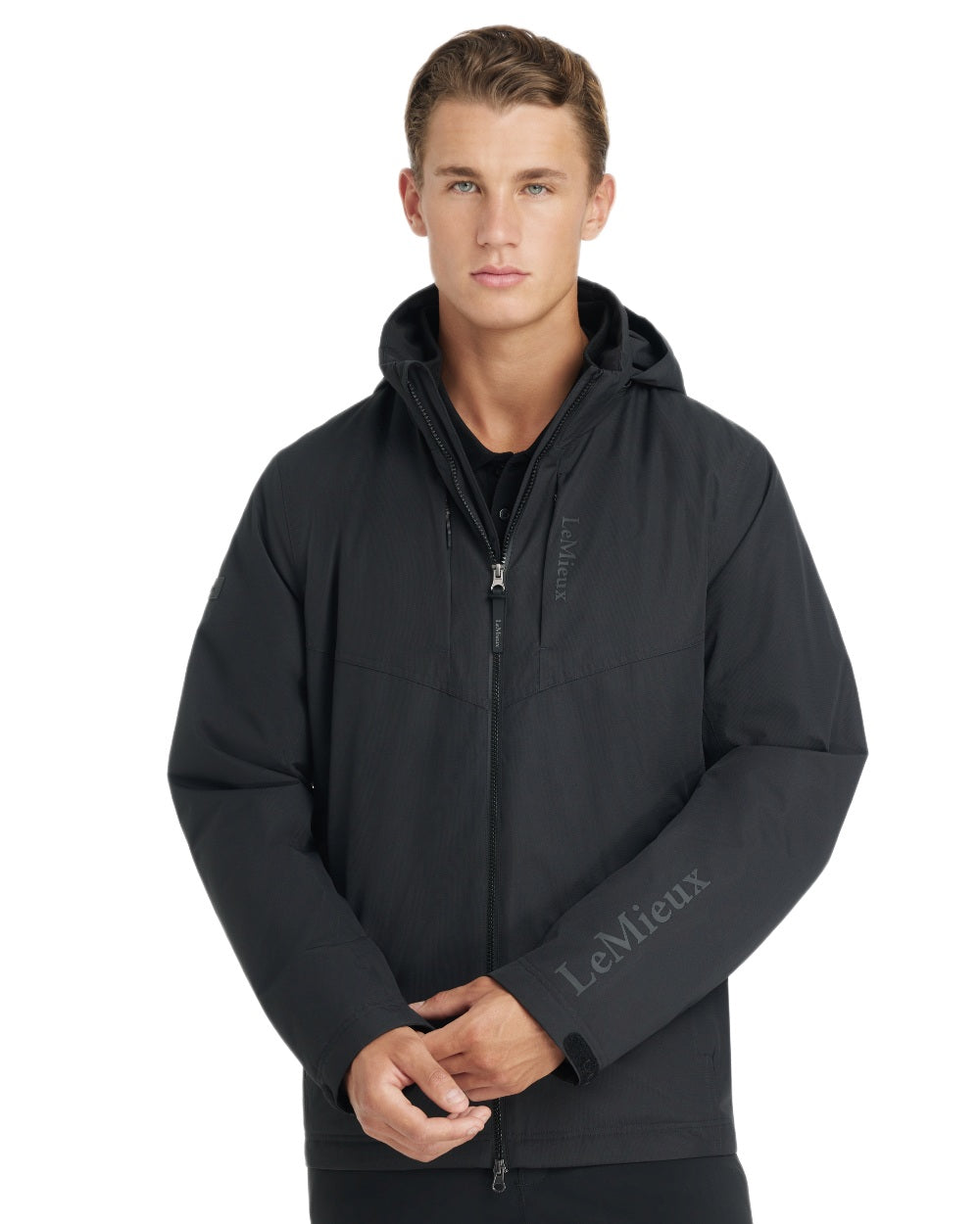 Black coloured LeMieux Mens Waterproof Team Jacket on white background 