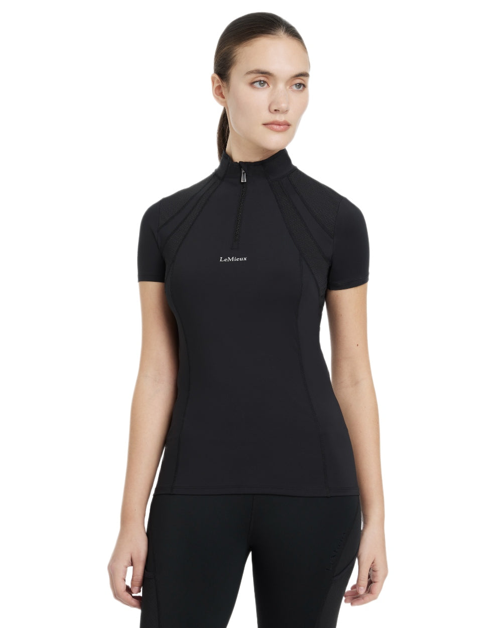 Black coloured LeMieux Mia Mesh Short Sleeve Base Layer on white background 