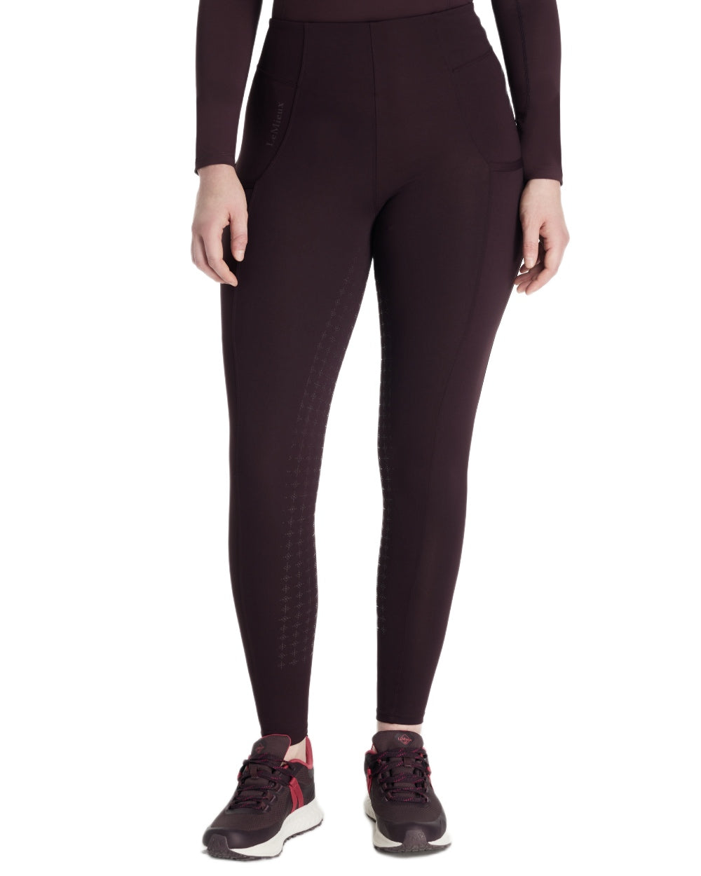 Damson coloured LeMieux Naomi Pull On Breeches on white background 