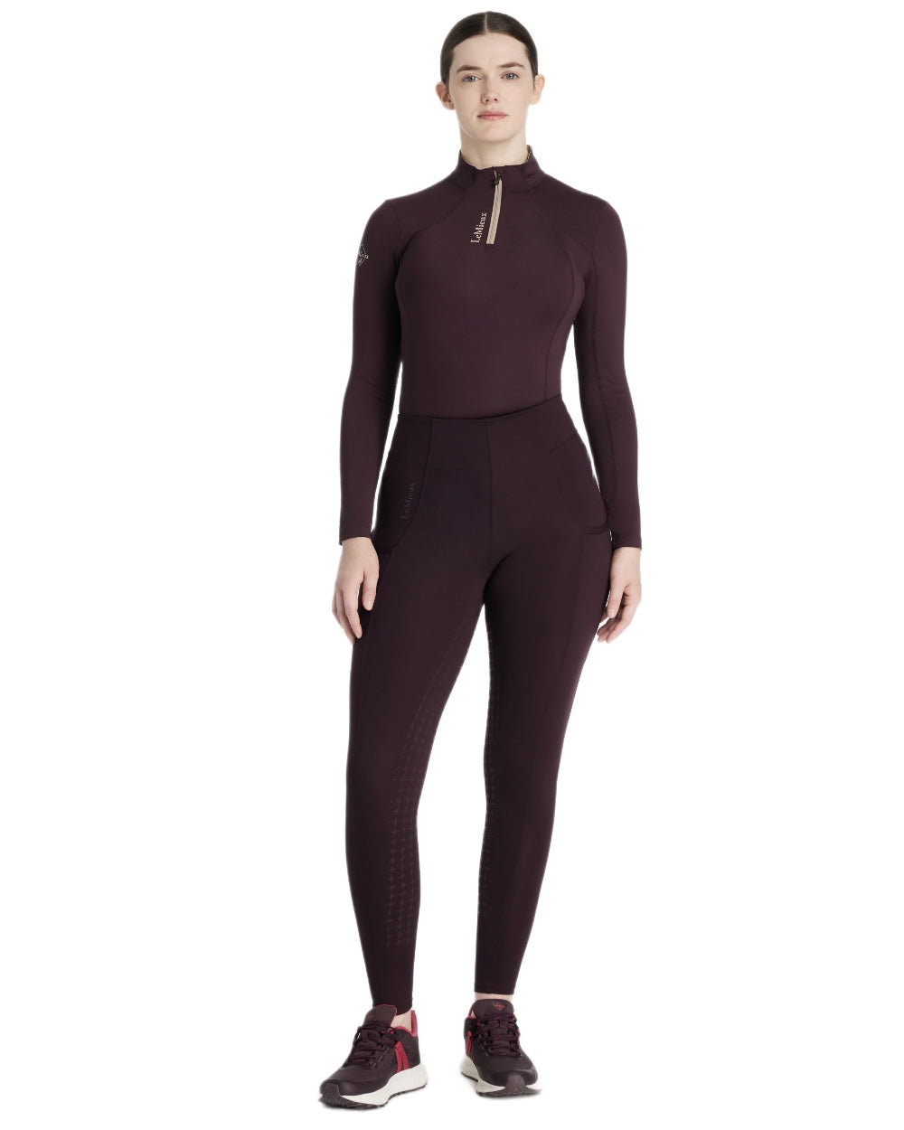 Damson coloured LeMieux Naomi Pull On Breeches on white background 