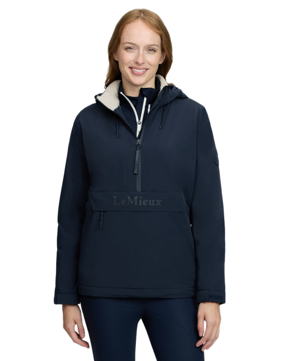 Navy coloured LeMieux Phoebe Half Zip Waterproof Anorak on white background 