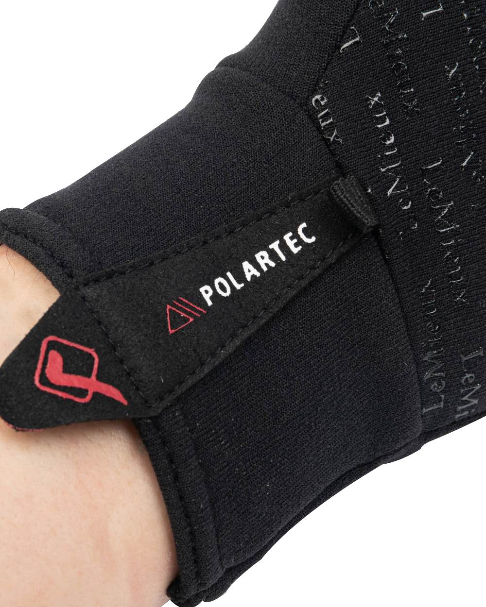 Black coloured LeMieux Polartec Gloves on white background 