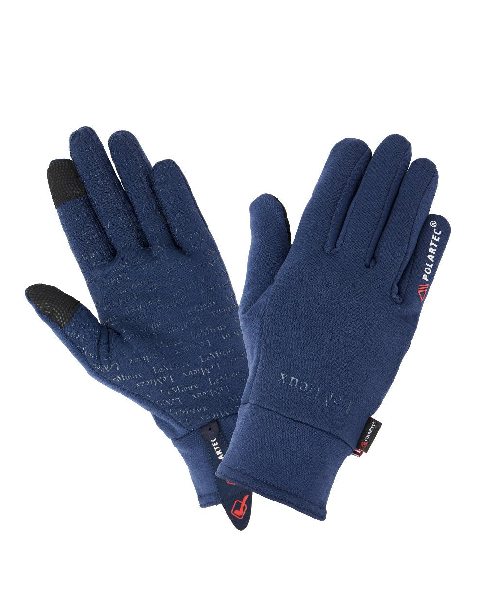 Navy coloured LeMieux Polartec Gloves on white background 