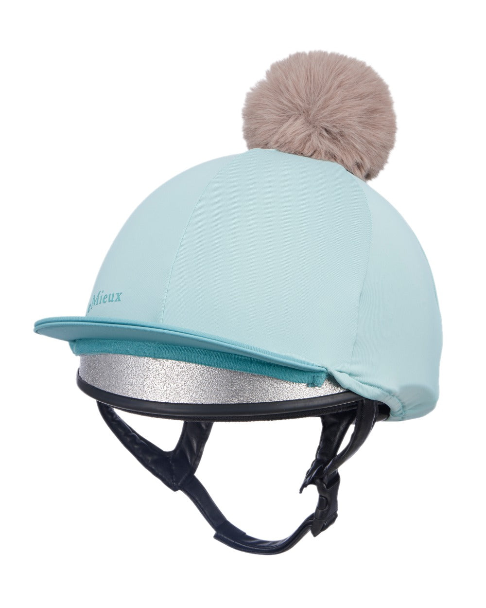 Aqua Lagoon coloured LeMieux Pom Hat Silk on white background 