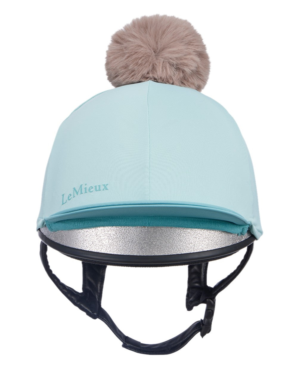 Aqua Lagoon coloured LeMieux Pom Hat Silk on white background 