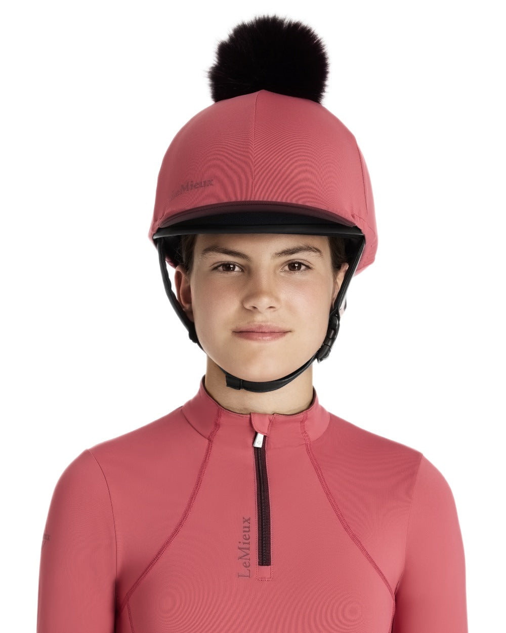 Cranberry coloured LeMieux Pom Hat Silk on white background 