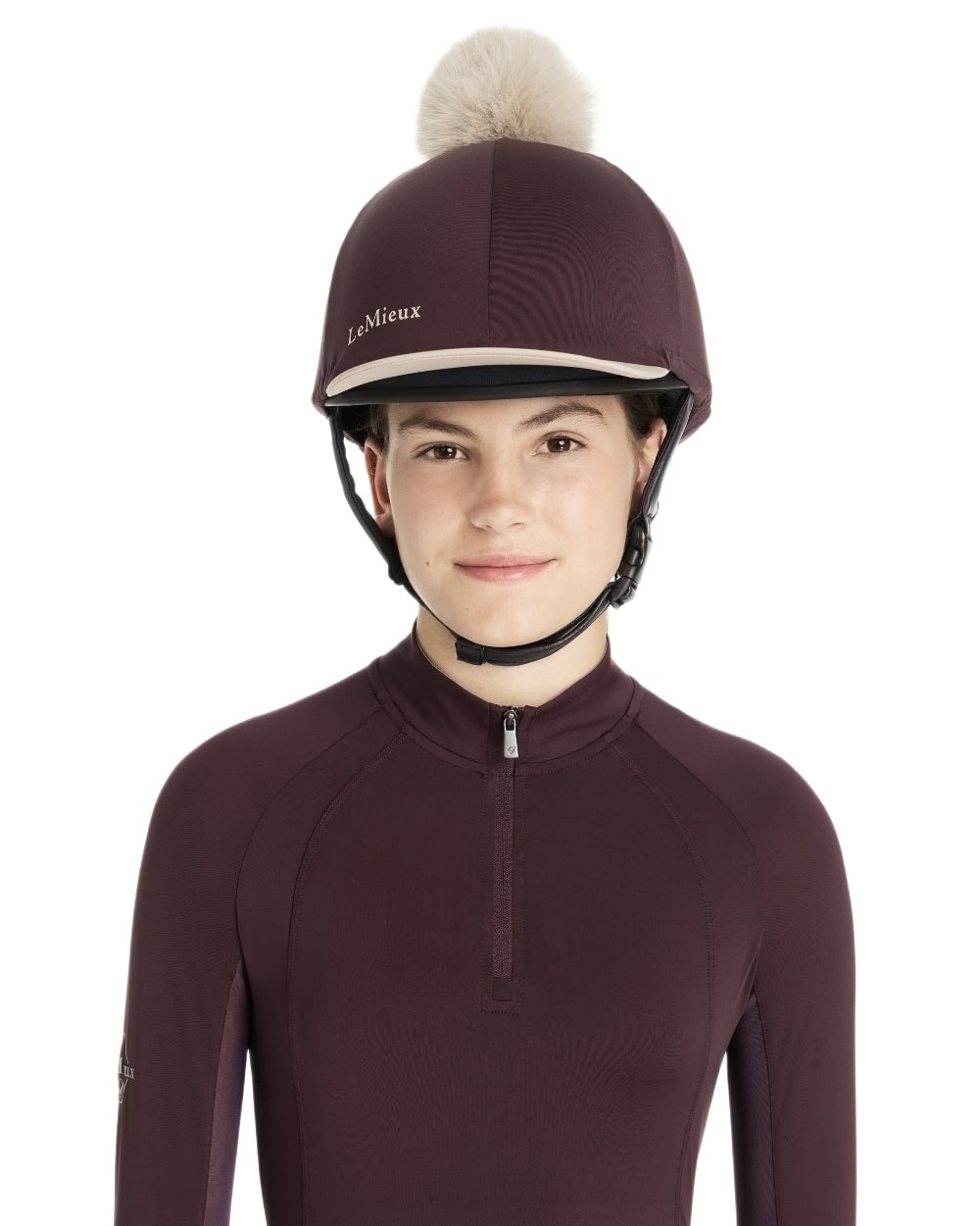 Damson coloured LeMieux Pom Hat Silk on white background 