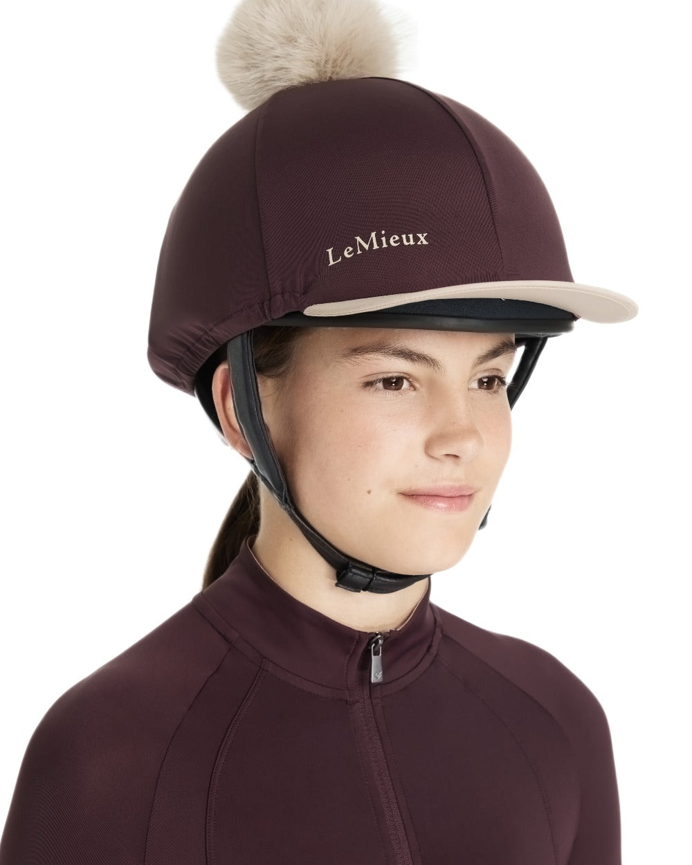 Damson coloured LeMieux Pom Hat Silk on white background 