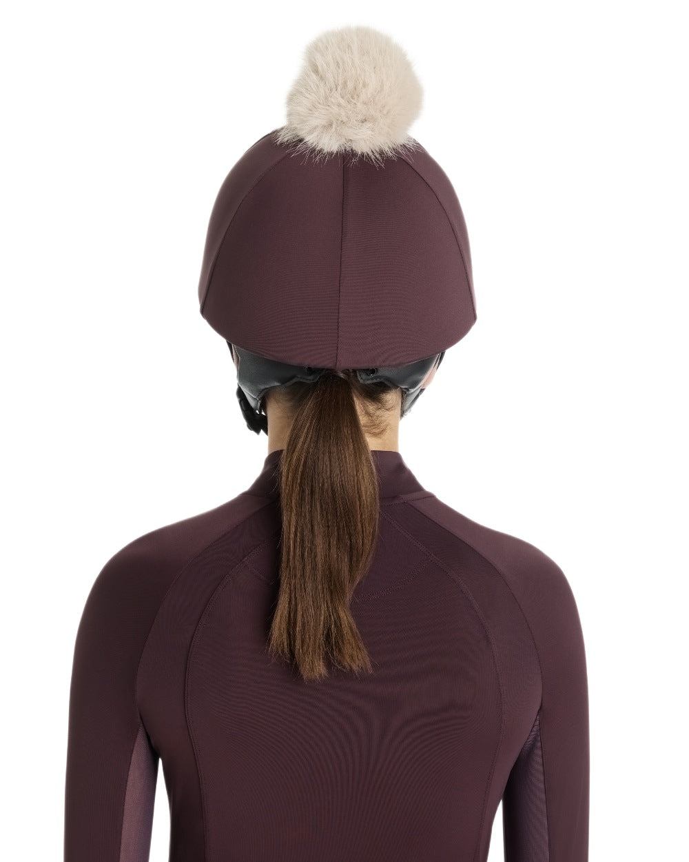 Damson coloured LeMieux Pom Hat Silk on white background 