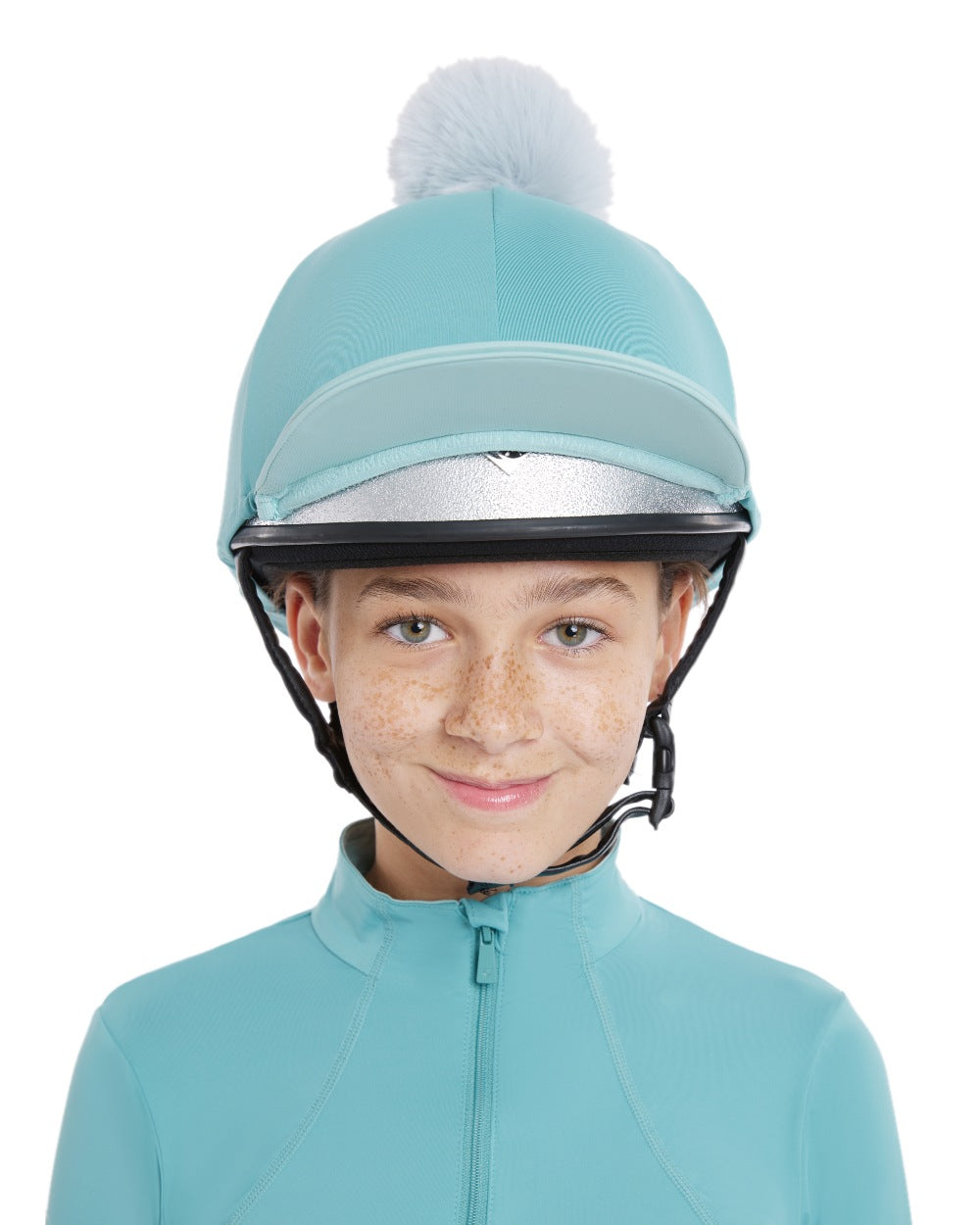 Lagoon Aqua coloured LeMieux Pom Hat Silk on white background 