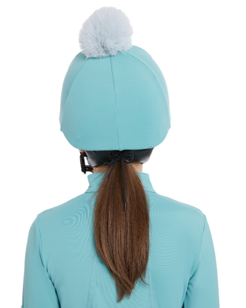 Lagoon Aqua coloured LeMieux Pom Hat Silk on white background 