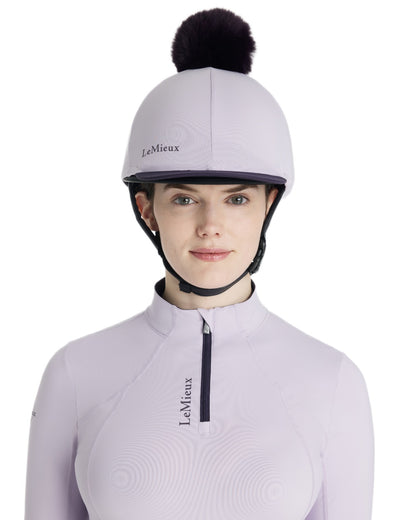 Lilac coloured LeMieux Pom Hat Silk on white background 