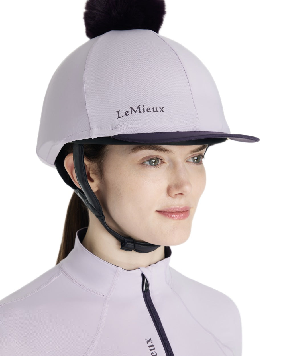 Lilac coloured LeMieux Pom Hat Silk on white background 