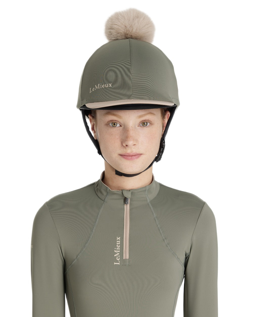 Rosemary coloured LeMieux Classique Pom Hat Silk on white background 