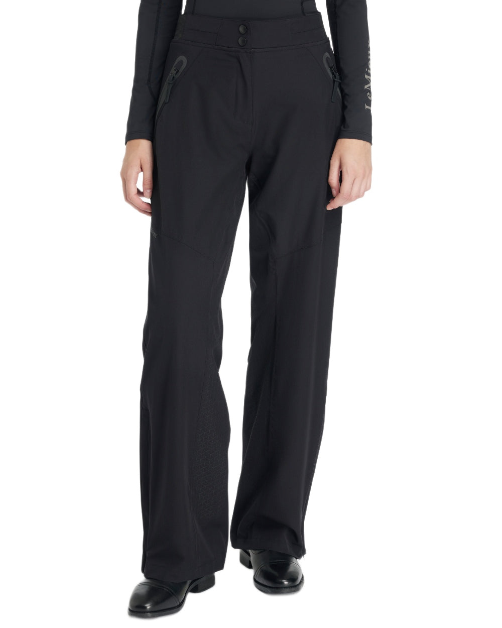 Black coloured LeMieux Womens Stormwear Waterproof Trousers on white background 