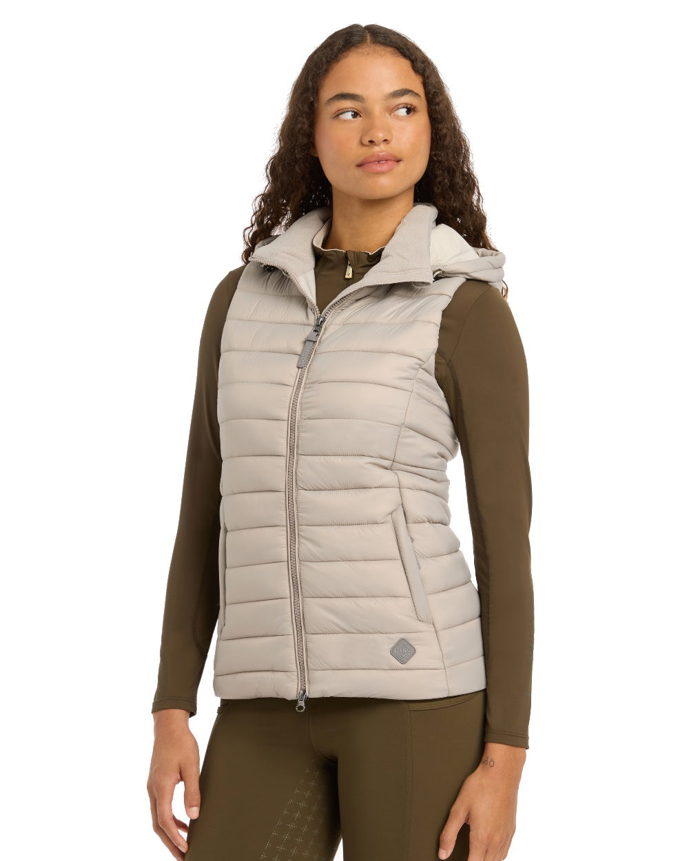 Ash coloured LeMieux Tilly Hooded Puffer Gilet on white background 