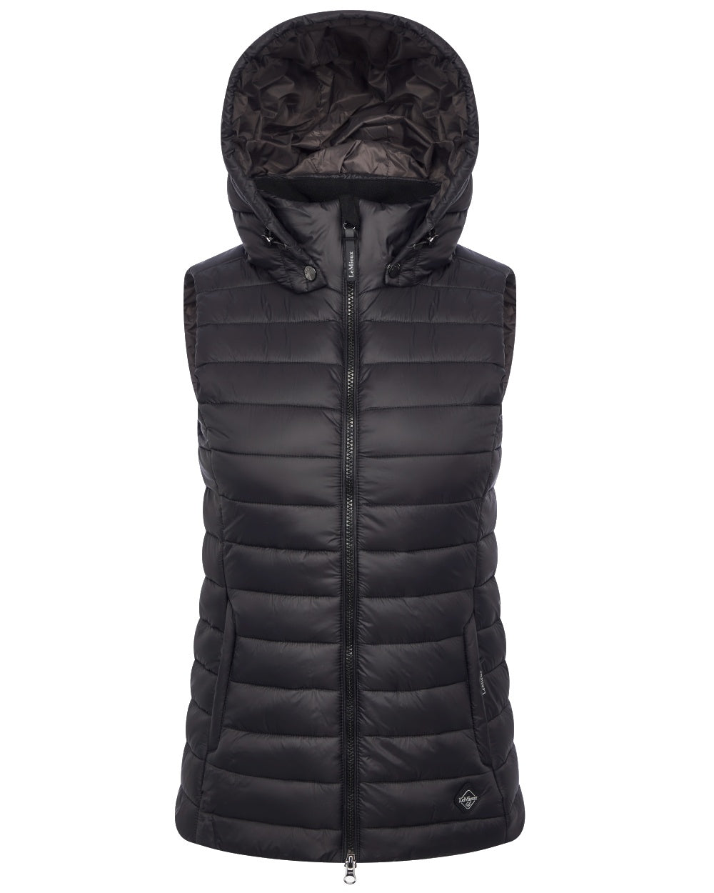 Black coloured LeMieux Tilly Hooded Puffer Gilet on white background 