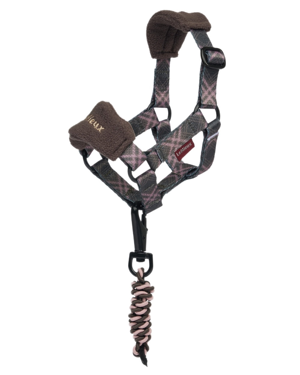 Cocoa coloured LeMieux Toy Pony Heritage Vogue Headcollar &amp; Leadrope on white background 