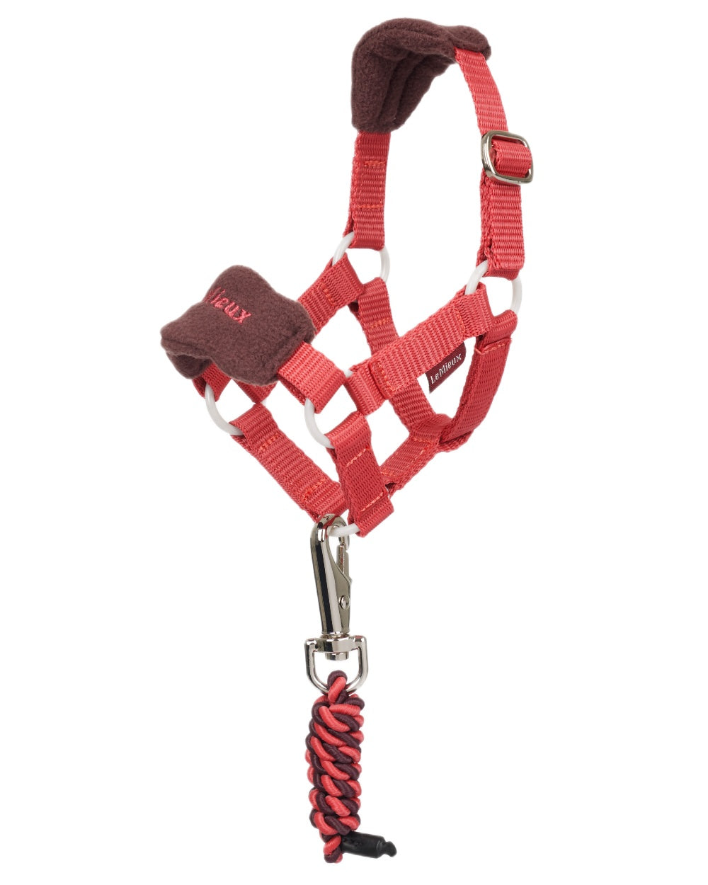Cranberry coloured LeMieux Toy Pony Vogue Headcollar on white background 