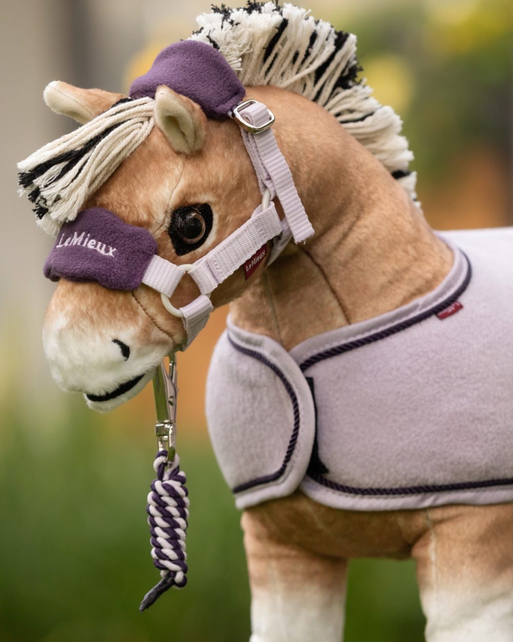 Lilac coloured LeMieux Toy Pony Vogue Headcollar on blurry background 