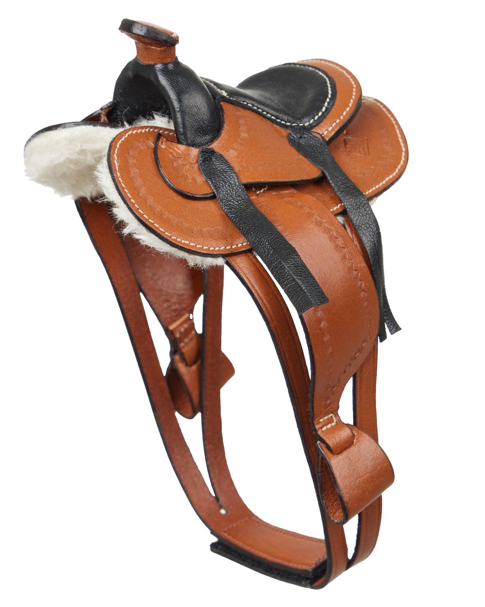 Tan coloured LeMieux Toy Pony Western Saddle on white background 